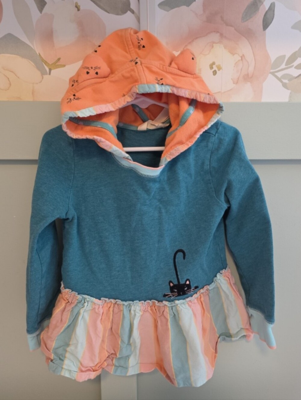 Matilda Jane Size 4 Or 4t Halloween Hooded Peplum Top Cat Accent - Teal & Peach